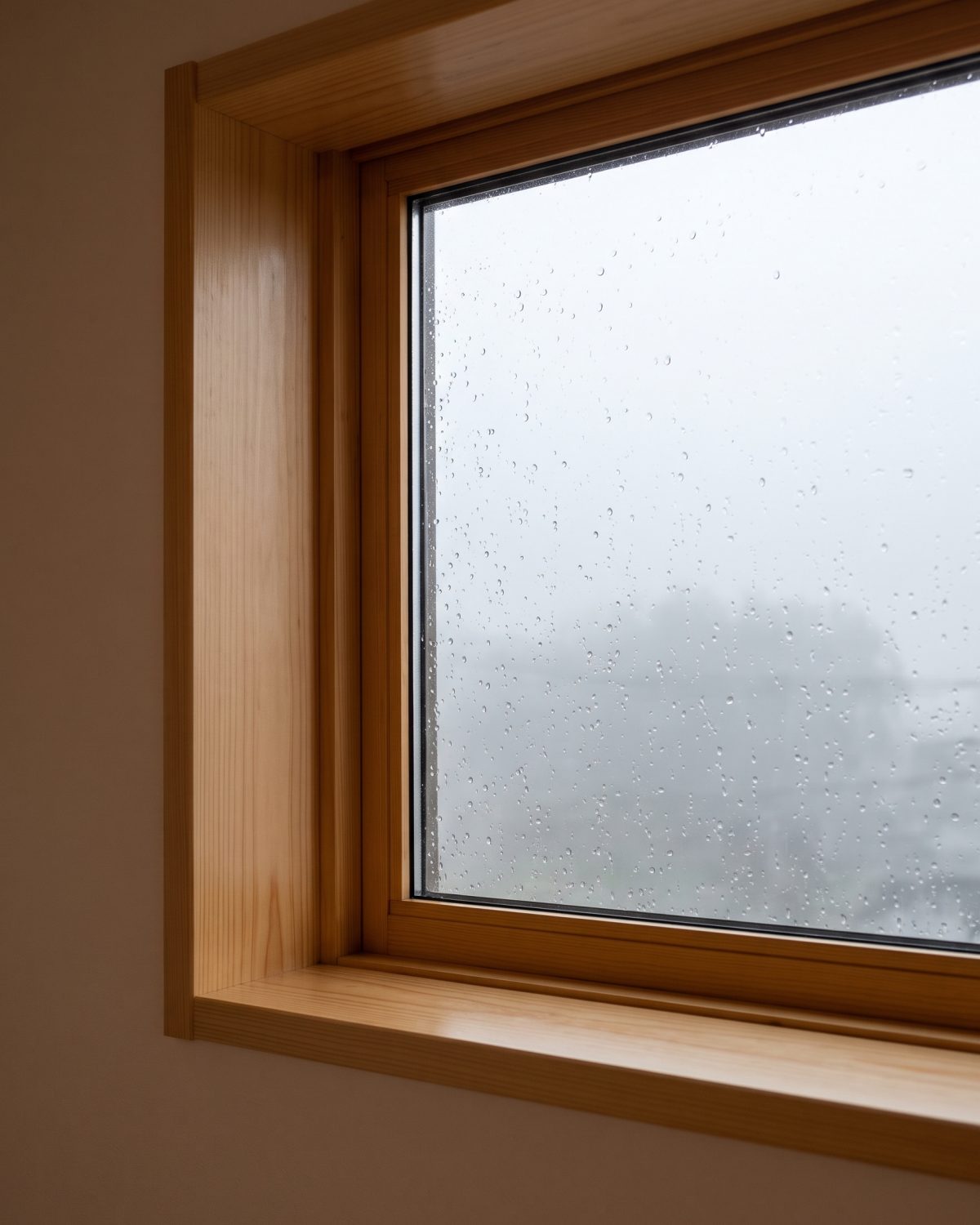 雨の日の室内で、塗り上がったばかりの窓まわりの木枠